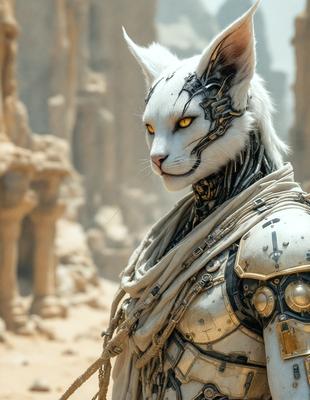 The primary subject of the image is a white cat with a mechanical or robotic appearance. It is wearing a white coat and has a gold and black color scheme. The cat is standing in front of a rocky background, which adds to the overall atmosphere of the scene. The visual style of the image is a combination of photo and digital art, creating a unique and intriguing appearance. The colors and mood of the image are a mix of gold, black, and white, giving it a futuristic and mysterious feel.